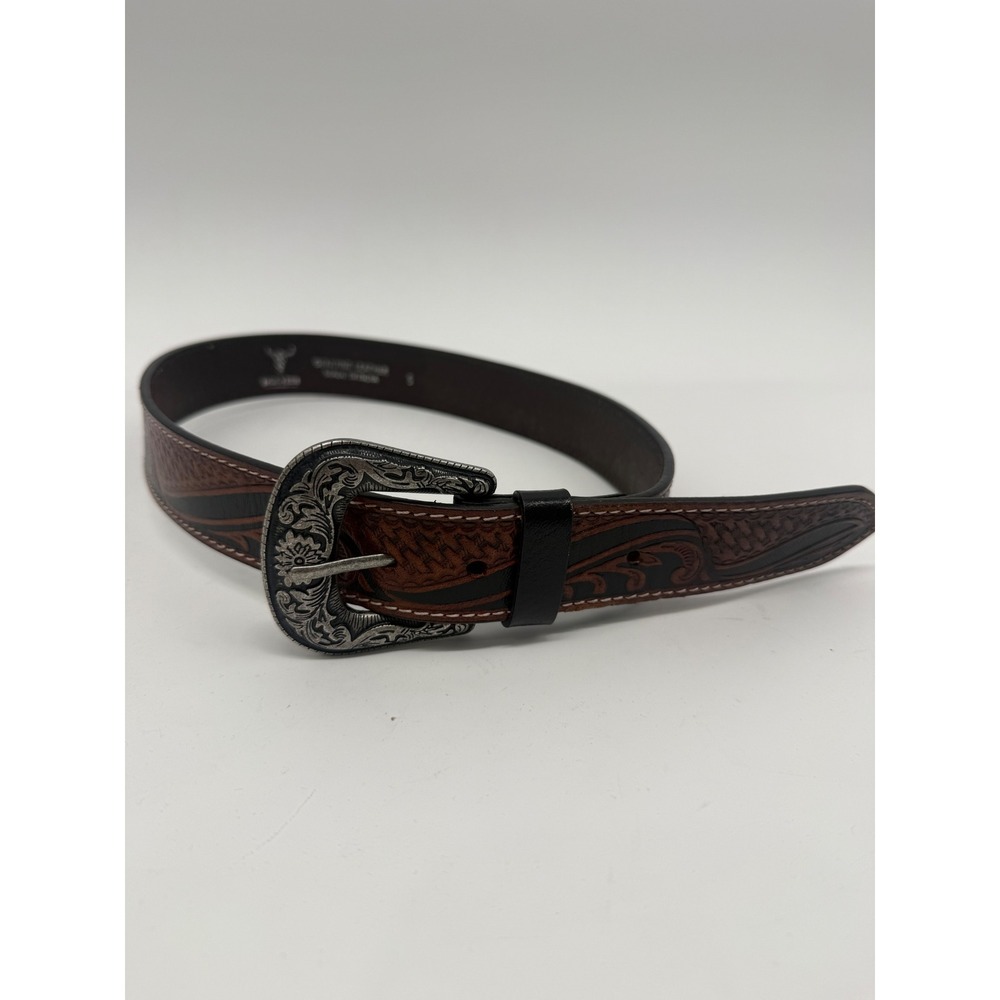 American Bison Genuine Leather Western Belt Brown Tooled Engraved Buckle Size S